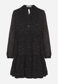 Born2be - Czarna Rozkloszowana Sukienka z Tkaniny Plumeti ze Ściągaczem w Talii i Falbanką Ilisia. Kolor: czarny. Materiał: tkanina. Styl: boho, elegancki #6