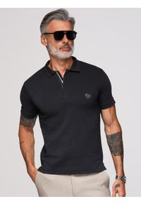 Ombre Clothing - Koszulka męska polo z dekoltem na zamek - czarna V6 - Rozmiar: XL. Okazja: na co dzień. Typ kołnierza: polo. Kolor: czarny. Materiał: bawełna, elastan, dzianina. Styl: elegancki, casual, sportowy