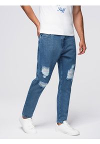 Ombre Clothing - Jeansowe spodnie męskie CARROT FIT z przetarciami – niebieskie V2 - Rozmiar: XL. Okazja: na co dzień. Kolor: niebieski. Materiał: jeans. Wzór: aplikacja. Styl: klasyczny, casual #10