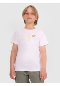 4f - 4F T-shirt regular z nadrukiem chłopięcy - biały 158 (12-13 lat). Okazja: na co dzień. Kolor: biały. Materiał: bawełna, materiał, jersey. Długość rękawa: krótki rękaw. Długość: krótkie. Wzór: nadruk. Sezon: lato. Styl: klasyczny, casual, sportowy #1