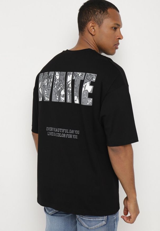 Born2be - Czarna Bawełniana Koszulka T-shirt z Ozdobnym Nadrukiem Sanestia. Okazja: na co dzień. Kolor: czarny. Materiał: bawełna. Wzór: nadruk. Styl: elegancki, casual, klasyczny