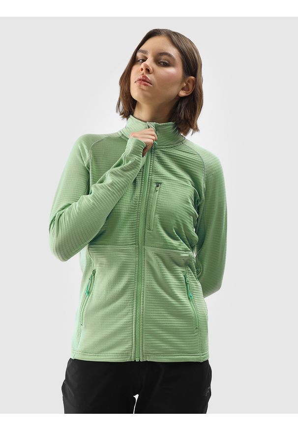 4f - 4F Bluza do biegania w terenie rozpinana bez kaptura damska - zielona S. Typ kołnierza: bez kaptura. Kolor: zielony. Materiał: skóra, tkanina, elastan, dzianina, materiał, syntetyk. Długość rękawa: raglanowy rękaw. Długość: długie. Wzór: gładki, kolorowy. Styl: sportowy, rockowy. Sport: bieganie, fitness