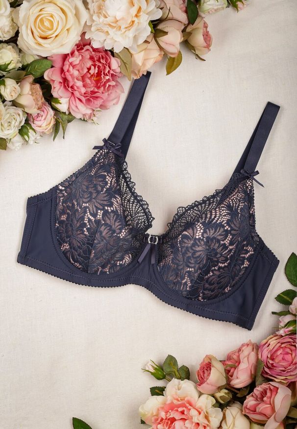 Renee - Granatowy Biustonosz Full Cup Zdobiony Koronką Maritte. Kolekcja: plus size. Kolor: niebieski. Materiał: koronka. Wzór: aplikacja, koronka
