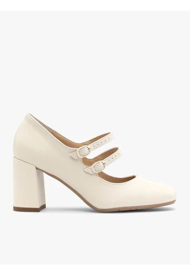 Ryłko - Kremowe czółenka damskie z dekoracyjnymi paskami. Zapięcie: pasek. Kolor: beżowy. Materiał: skóra. Obcas: na obcasie. Styl: street. Wysokość obcasa: średni