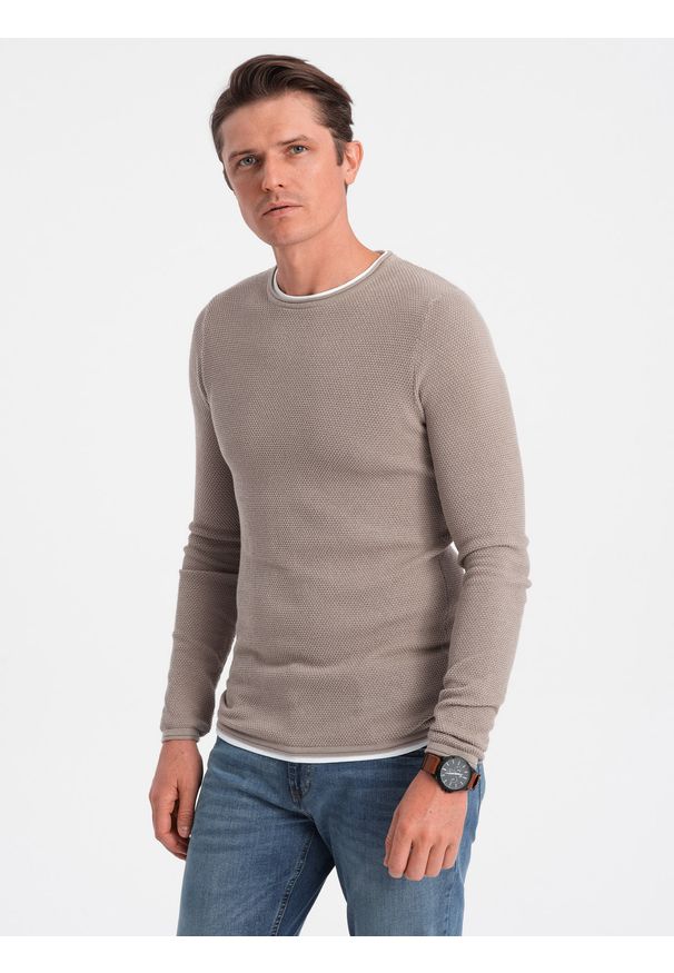 Ombre Clothing - Bawełniany sweter męski z okrągłym dekoltem - zimny beż V9 - Rozmiar: XL. Kolor: beżowy. Materiał: bawełna. Styl: klasyczny