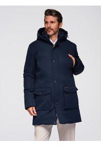 Ombre Clothing - Elegancka męska parka z kieszeniami cargo i kapturem – granatowa V2 - Rozmiar: L. Kolor: niebieski. Materiał: satyna, poliester, materiał, nylon. Wzór: gładki. Styl: elegancki