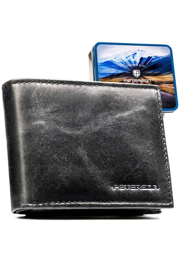Czarny portfel męski ze skóry naturalnej bez zapięcia zewnętrznego - Peterson. Kolor: czarny. Materiał: skóra