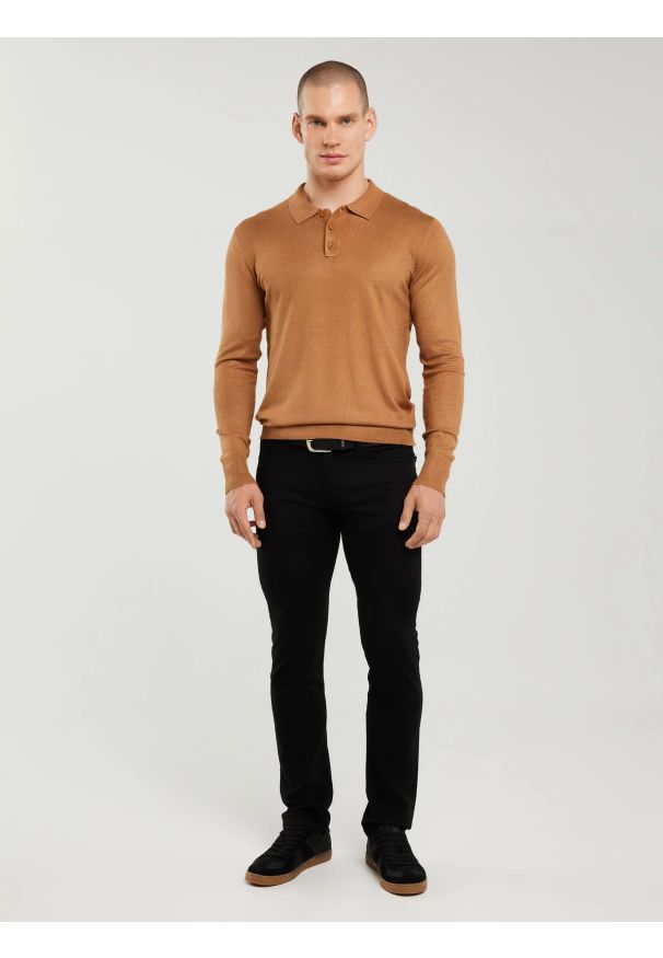 Big-Star - Sweter męski z kołnierzykiem polo brązowy Bradson 802. Okazja: na co dzień. Typ kołnierza: polo. Kolor: brązowy. Materiał: wiskoza. Długość rękawa: długi rękaw. Długość: długie. Styl: sportowy, elegancki, casual