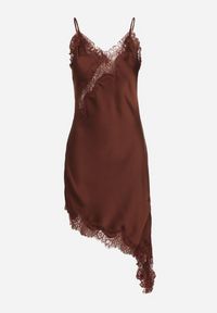 Born2be - Brązowa Asymetryczna Sukienka z Satyny Ozdobiona Koronką Monivea. Okazja: na co dzień. Kolor: brązowy. Materiał: satyna, koronka. Długość rękawa: na ramiączkach. Wzór: koronka, aplikacja. Typ sukienki: asymetryczne. Styl: klasyczny, casual #6