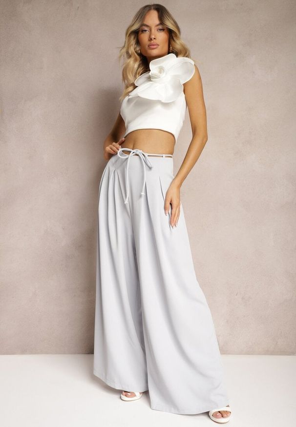 Renee - Jasnoniebieskie Szerokie Spodnie High Waist Zapinane na Suwak z Wiązaniem w Talii Vikonnia. Okazja: na co dzień. Stan: podwyższony. Kolor: niebieski. Styl: klasyczny, casual, elegancki