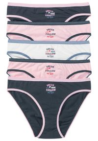 bonprix - Figi z bawełną (5 par). Kolor: niebieski. Materiał: bawełna, skóra, materiał. Wzór: nadruk #1