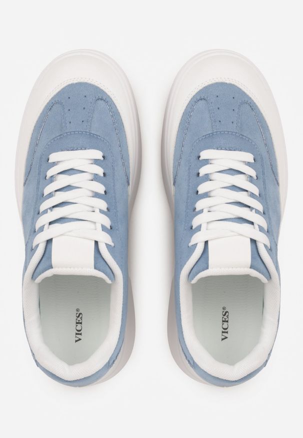 Renee - Niebieskie Sneakersy VICES na Platformie z Ozdobnym Noskiem Attis. Nosek buta: okrągły. Zapięcie: sznurówki. Kolor: niebieski. Materiał: skóra, zamsz. Obcas: na platformie. Wysokość obcasa: średni
