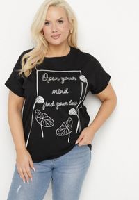 Born2be - Czarny Bawełniany T-shirt z Nadrukiem i Cyrkoniami Ertebis. Okazja: na co dzień, na spacer. Kolor: czarny. Materiał: bawełna. Wzór: nadruk. Styl: casual, elegancki #3