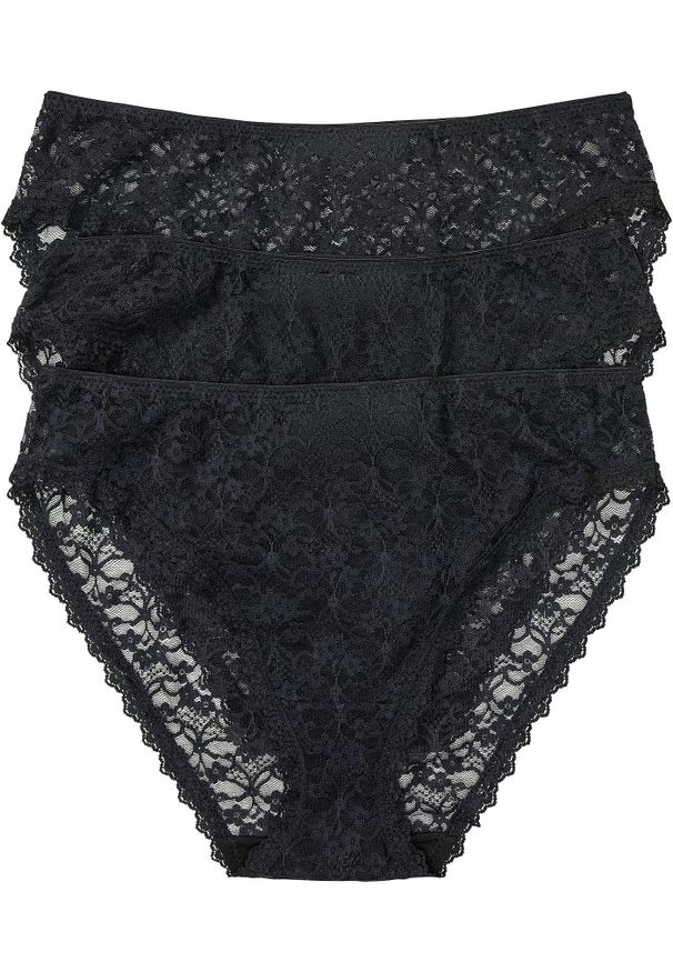 bonprix - Figi z wysokim stanem, z koronki z recyklingu z głębokim wycięciem nogawek (3 pary). Stan: podwyższony. Kolor: czarny. Materiał: koronka. Wzór: koronka