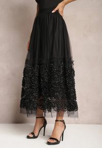 Renee - Czarna Tiulowa Spódnica Maxi z Gumką w Talii Nadelyn. Kolor: czarny. Materiał: tiul. Wzór: aplikacja