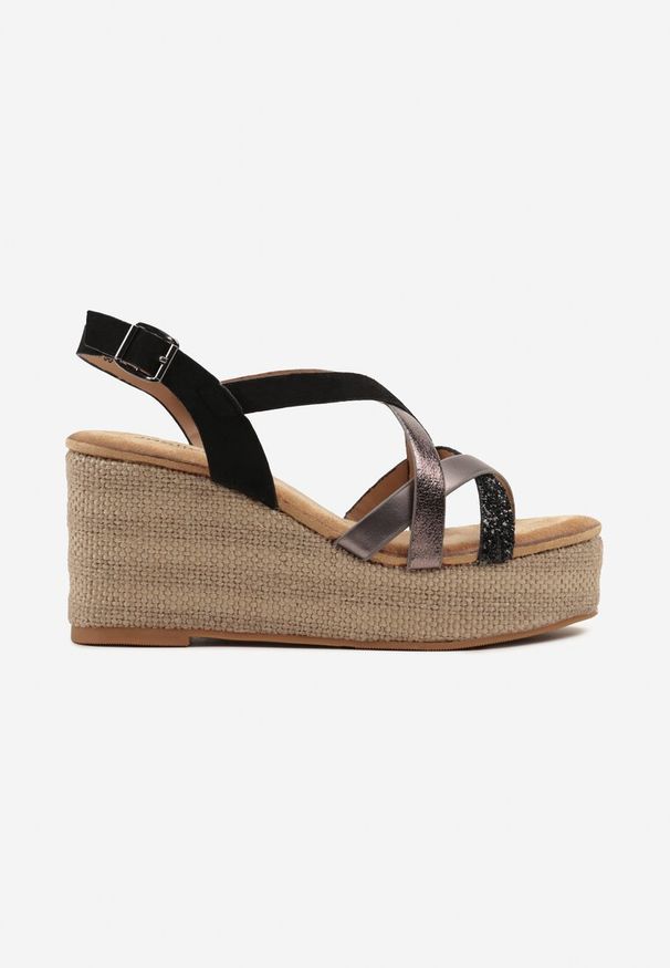 Renee - Czarne Casualowe Sandały na Koturnie w Stylu Boho z Brokatowymi Plecionymi Paskami Urani. Okazja: na co dzień. Nosek buta: otwarty. Zapięcie: pasek. Kolor: czarny. Sezon: lato. Obcas: na koturnie. Styl: boho, casual. Wysokość obcasa: średni