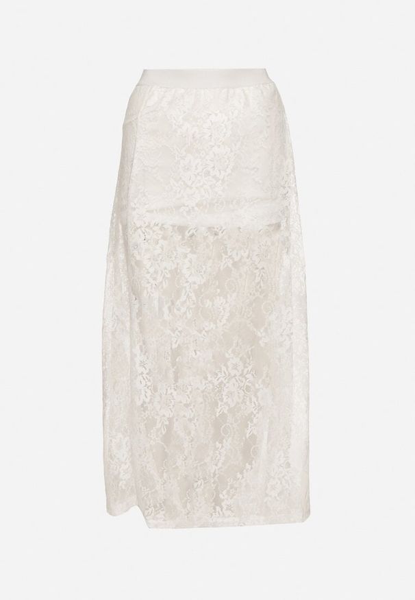 Born2be - Biała Rozkloszowana Spódnica z Koronki Zdobiona Rozcięciem Zariska. Okazja: na imprezę. Kolor: biały. Materiał: koronka. Wzór: aplikacja, koronka. Styl: elegancki