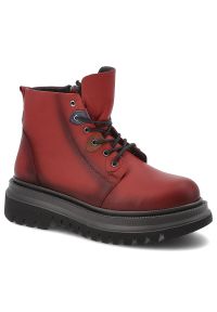 Czerwone Botki Artiker Solidne Obuwie Damskie. Okazja: na co dzień, na spacer. Zapięcie: sznurówki. Kolor: czerwony. Materiał: skóra. Styl: casual #1