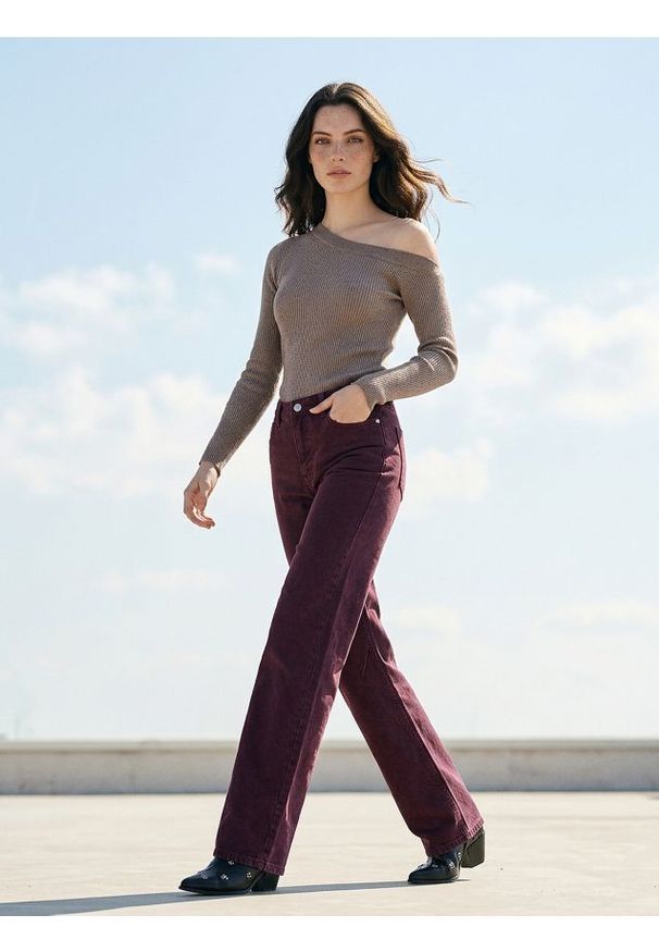 Sinsay - Jeansy wide leg - bordowy. Kolor: czerwony