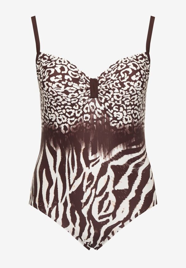 Born2be - Brązowy Strój Kąpielowy Jednoczęściowy w Zwierzęce Printy Linoselle. Kolekcja: plus size. Kolor: brązowy. Wzór: motyw zwierzęcy