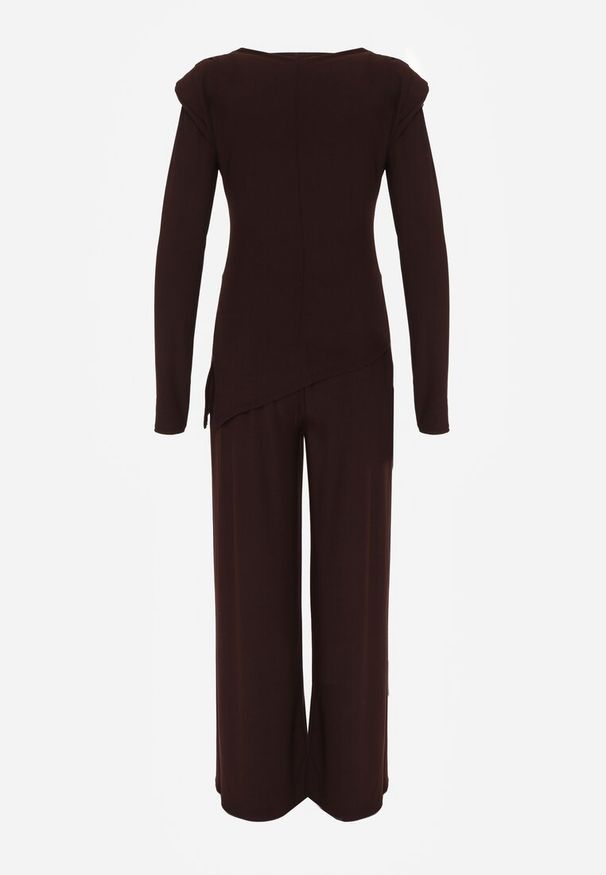 Renee - Brązowy Elegancki Komplet Spodnie Wide Leg i Bluzka z Poduszkami w Ramionach Sewinea. Kolor: brązowy. Wzór: aplikacja