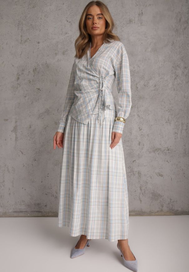 Renee - Niebieski Bawełniany Komplet Rozkloszowana Spódnica i Bluzka z Wiązaniem Allisa. Kolor: niebieski. Materiał: bawełna. Wzór: kratka