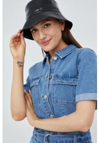 only - Only kombinezon jeansowy bawełniany z kołnierzykiemm. Okazja: na co dzień. Kolor: niebieski. Materiał: bawełna, jeans. Długość rękawa: krótki rękaw. Długość: krótkie. Styl: casual #5