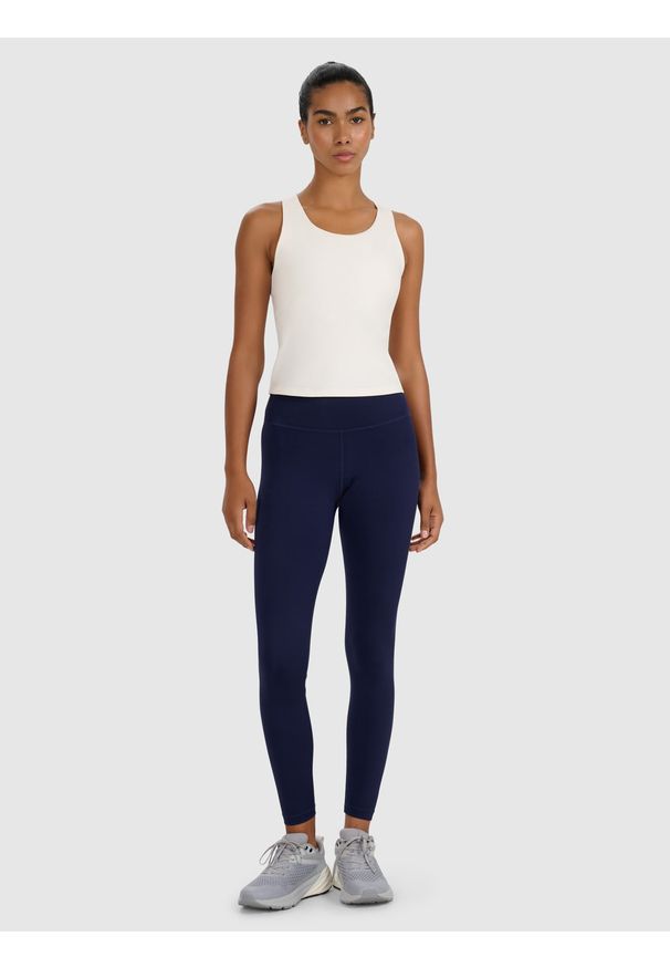 4f - 4F Legginsy treningowe szybkoschnące damskie - granatowe XS. Stan: podwyższony. Kolor: niebieski. Materiał: dzianina, elastan, włókno, syntetyk, materiał. Wzór: gładki, ze splotem. Sport: fitness