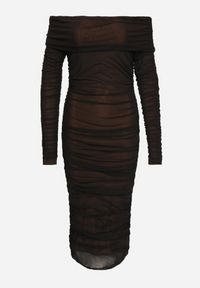 Born2be - Czarno-Brązowa Marszczona Sukienka Siateczkowa Hiszpanka z Wywiniętym Dekoltem Tinaveris. Typ kołnierza: dekolt hiszpanka. Kolor: czarny. Długość rękawa: długi rękaw. Sezon: lato. Styl: klasyczny, elegancki #6