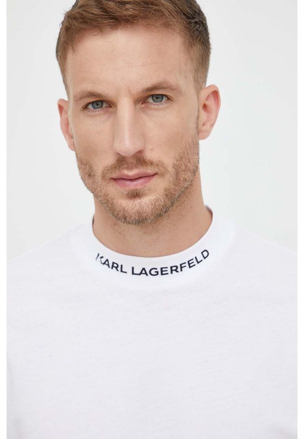 Karl Lagerfeld t-shirt bawełniany kolor biały z nadrukiem. Kolor: biały. Materiał: bawełna. Wzór: nadruk. Styl: klasyczny