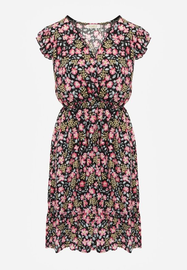 Renee - Czarna Sukienka Rozkloszowana w Kwiaty z Wiskozy Selesima. Kolor: czarny. Materiał: wiskoza. Wzór: kwiaty