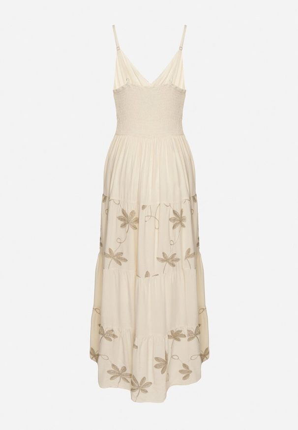 Born2be - Jasnobeżowa Sukienka Wiskozowa na Ramiączkach Ozdobiona Haftem Telanelis. Typ kołnierza: dekolt w kształcie V. Kolor: beżowy. Materiał: wiskoza. Długość rękawa: na ramiączkach. Wzór: haft, aplikacja