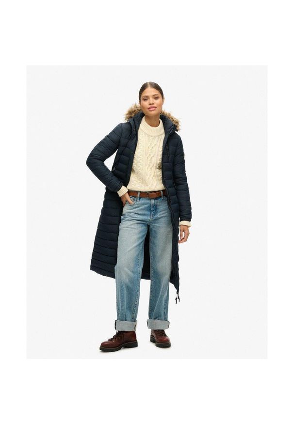 Superdry - Płaszcz Super Longline Fuji. Kolor: niebieski. Długość rękawa: długi rękaw. Styl: elegancki