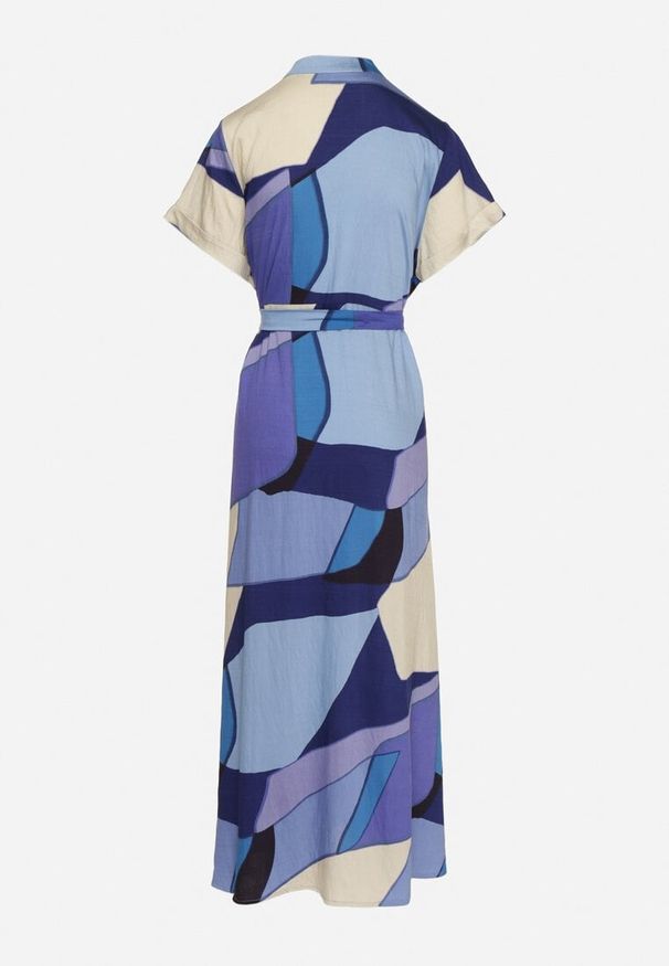 Born2be - Niebieska Sukienka Rozkloszowana z Wiskozy w Geometryczny Wzór z Paskiem Ranislla. Okazja: na co dzień. Typ kołnierza: dekolt w serek. Kolor: niebieski. Materiał: wiskoza. Długość rękawa: krótki rękaw. Wzór: geometria. Styl: casual, elegancki