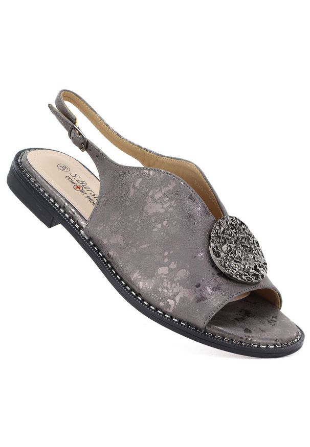 Sandały damskie płaskie z ozdobą pewter S.Barski 61-6035. Materiał: skóra ekologiczna. Wzór: aplikacja