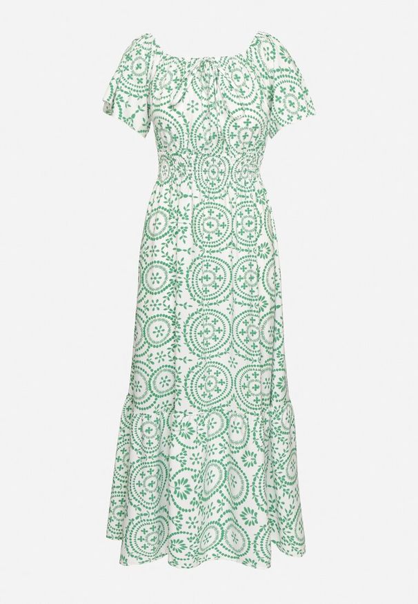 Born2be - Zielono-Biała Rozkloszowana Sukienka z Bawełną i Abstrakcyjnym Wzorem Ldivoria. Okazja: na spacer, na imprezę. Kolor: zielony. Materiał: bawełna. Styl: elegancki