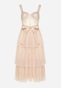 Born2be - Beżowa Sukienka Koktajlowa z Gorsetową Górą Falbanami Cekinami i Kokardą Loralina. Typ kołnierza: kokarda, dekolt gorset. Kolor: beżowy. Długość rękawa: na ramiączkach. Wzór: aplikacja. Typ sukienki: gorsetowe. Styl: wizytowy #4