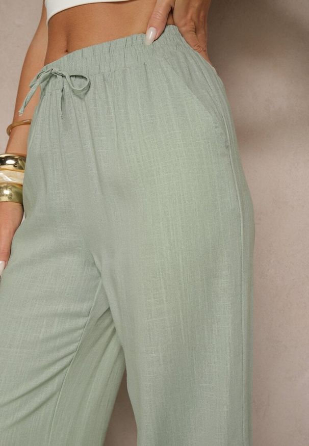 Renee - Zielone Spodnie z Lnem o Szerokim Kroju z Gumką w Talii Filarive. Okazja: na co dzień. Kolor: zielony. Materiał: len. Sezon: lato, wiosna. Styl: elegancki, casual