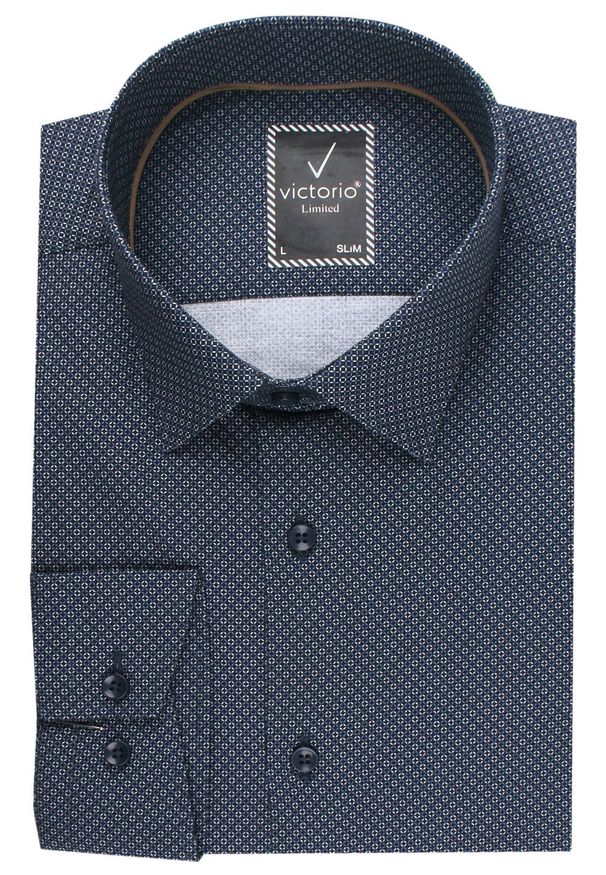 Taliowana Koszula Męska - Victorio - Drobny Wzór, Granat. Kolor: niebieski. Materiał: elastan, bawełna. Styl: elegancki