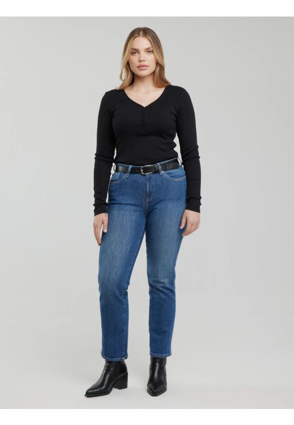 Big-Star - Bluzka damska z prążkowanej dzianiny czarna Nathalie 906. Kolor: czarny. Materiał: prążkowany, dzianina. Długość rękawa: długi rękaw. Długość: długie. Wzór: aplikacja. Styl: elegancki