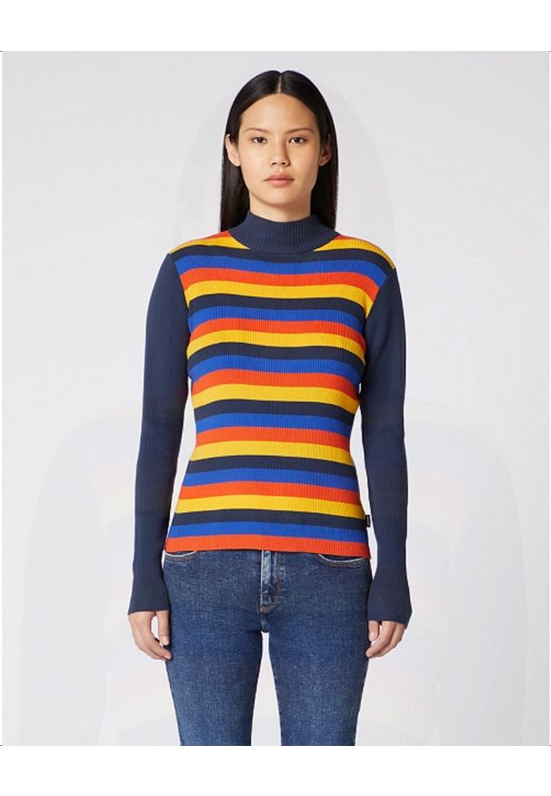 Wrangler - WRANGLER HIGN NECK SLIM DAMSKI SWETER W PASKI NAVY W8N7PW114 112132407. Wzór: paski