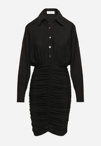 Born2be - Czarna Dopasowana Sukienka z Wiskozą i Koszulową Górą o Kroju Nietoperza z Marszczeniem Cedilie. Kolor: czarny. Materiał: wiskoza. Typ sukienki: koszulowe. Styl: klasyczny, elegancki #6