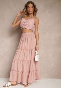 Renee - Różowa Rozkloszowana Spódnica z Gumką w Talii Zdobiona Falbanami Dovinelle. Okazja: na co dzień. Kolor: różowy. Wzór: aplikacja. Styl: casual, elegancki #3