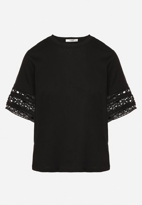 Born2be - Czarny T-shirt z Bawełny Ozdobiony Ażurowym Wzorem Valreia. Okazja: na co dzień. Kolor: czarny. Materiał: bawełna. Wzór: aplikacja, ażurowy. Styl: casual