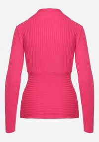 Born2be - Fuksjowy Dopasowany Sweter w Prążki z Kopertowym Dekoltem Masasani. Kolor: różowy. Materiał: bawełna. Wzór: prążki #3