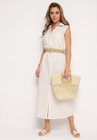 Born2be - Beżowa Bawełniana Sukienka Koszulowa z Gumką w Talii i Paskiem z Klamrą Xalorea. Kolor: beżowy. Materiał: bawełna. Wzór: paski. Typ sukienki: koszulowe #5