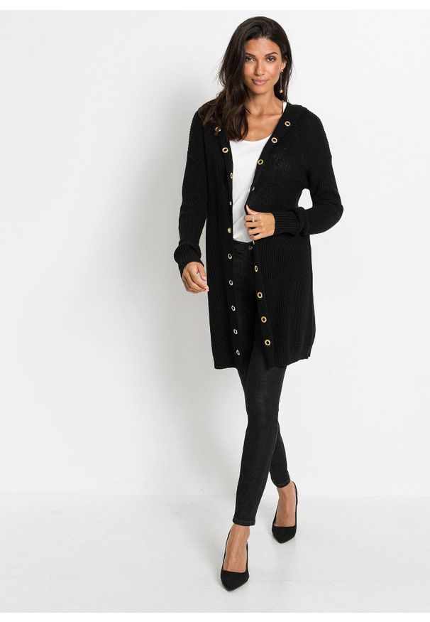 bonprix - Długi sweter bez zapięcia, z kapturem. Okazja: na co dzień. Typ kołnierza: kaptur. Kolor: czarny. Długość: długie. Styl: casual