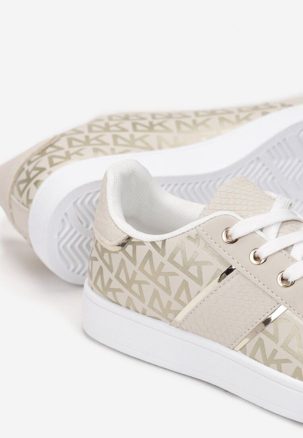 Born2be - Beżowo-Złote Sneakersy z Nadrukiem Mindi. Kolor: beżowy. Wzór: nadruk