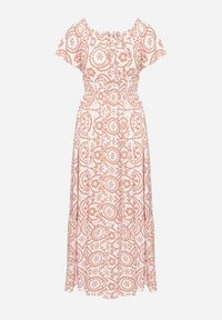 Born2be - Biało-Pomarańczowa Rozkloszowana Sukienka z Bawełną i Abstrakcyjnym Wzorem Ldivoria. Okazja: na imprezę, na spacer. Kolor: biały. Materiał: bawełna. Styl: elegancki #7