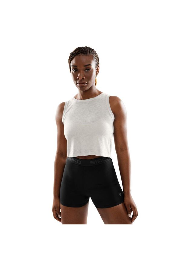SIROKO - Damska treningowa koszulka crop top bez rękawów Fitness Siroko Avast. Kolor: biały. Materiał: materiał. Długość rękawa: bez rękawów. Sport: fitness